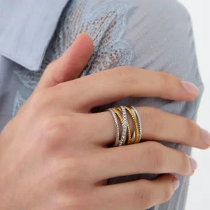 Anello fascia con pietre oro e argento